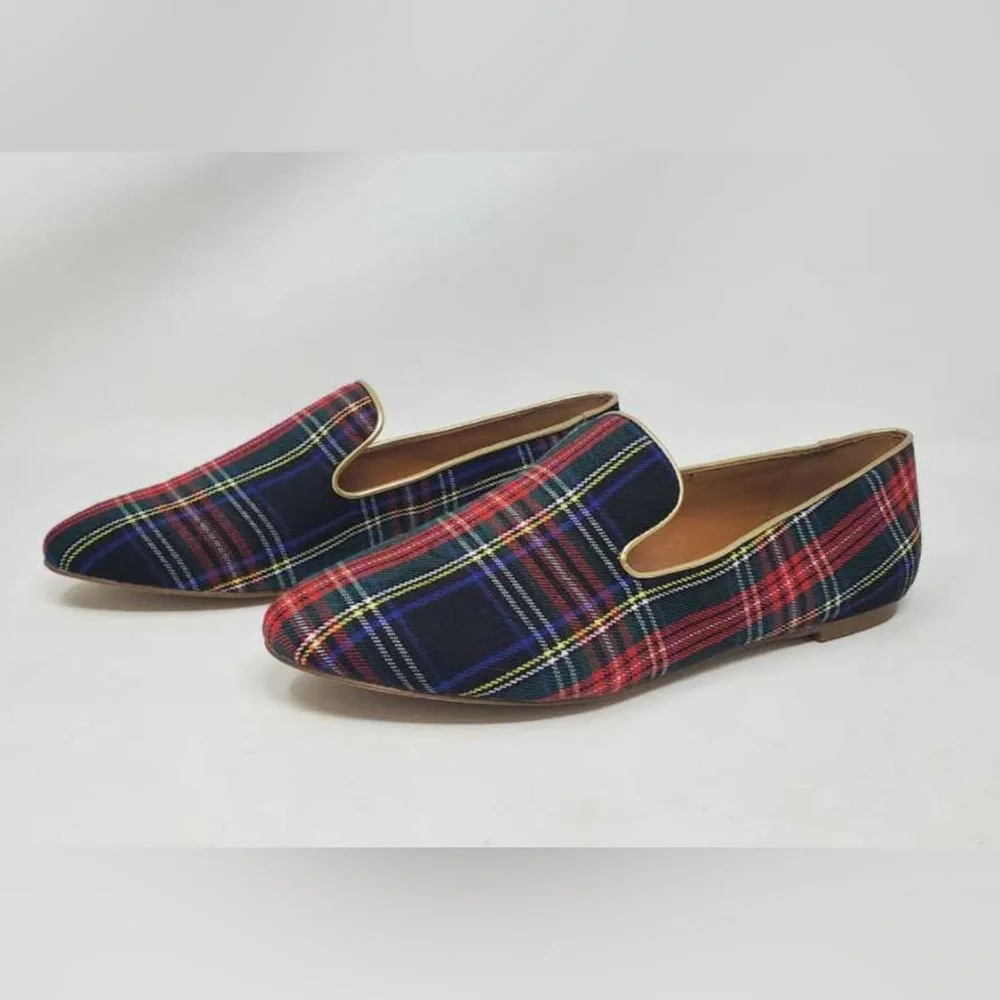 J.Crew Factory Womens Holiday Tartan Plaid Print Smoking Loafers Gold Trim S-7